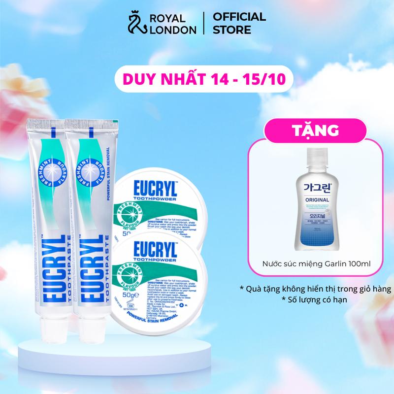 Combo 2 kem đánh răng & 2 bột hỗ trợ làm trắng răng Eucryl Toothpaste & Toothpowder Freshmint 62g hương bạc hà thanh mát