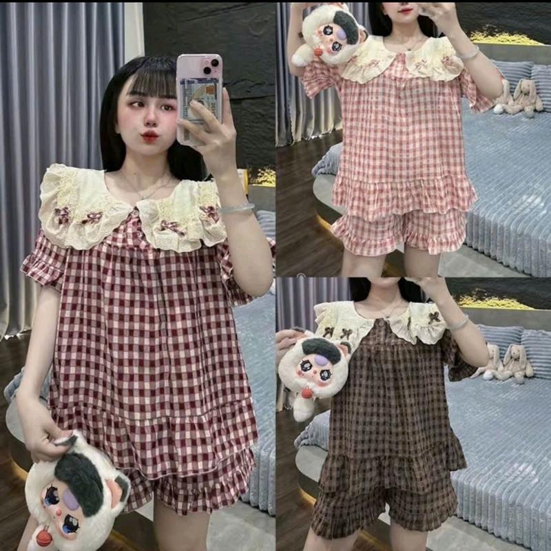 NGÂN SALE ĐÚNG KHO( Có Bigsize 50-95kg) Bộ Nữ Mặc Nhà Caro Phối Ren Siêu Đáng Yêu Chất Siêu Mịn