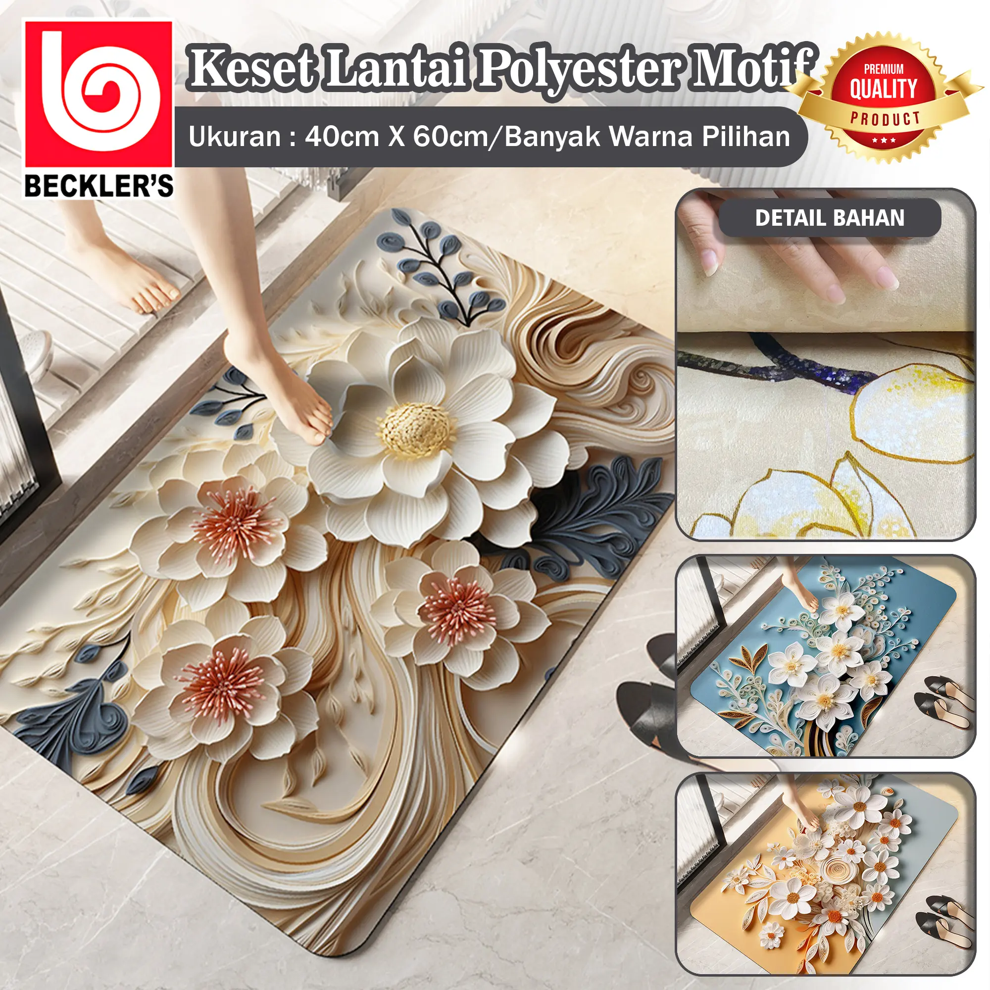 (Beckler's) Keset Dapur 40x60CM Polyester 3D Motif Bunga Anti Slip PREMIUM / Keset Kamar Mandi