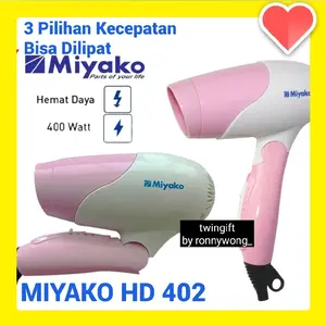 Hair dryer Pengering Rambut Miyako HD 402, bisa dilipat, dengan 3 kecepatan angin panas.