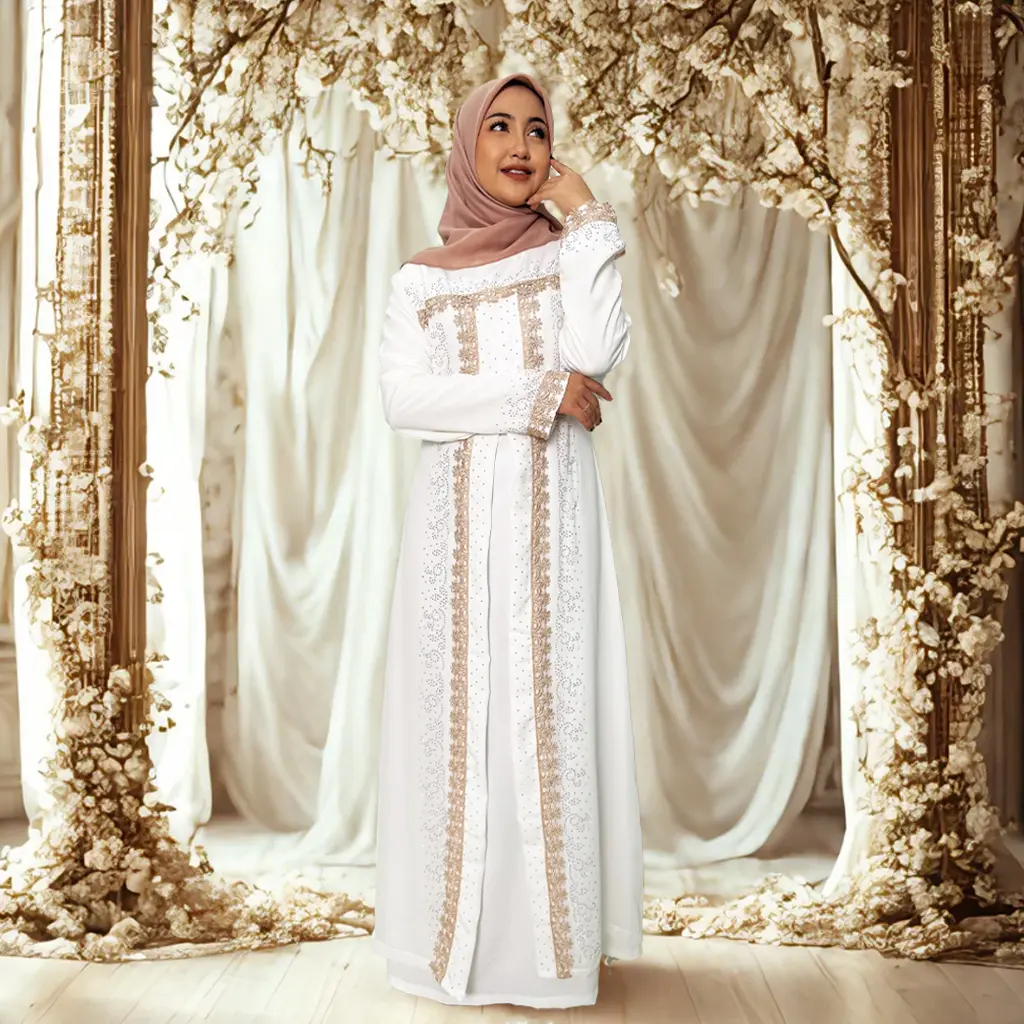 NewStar - Gamis Putih Lebaran 2025 Terbaru Baju Muslim Wanita Premium Model Baru Elegan Abaya Turkey Mewah G02