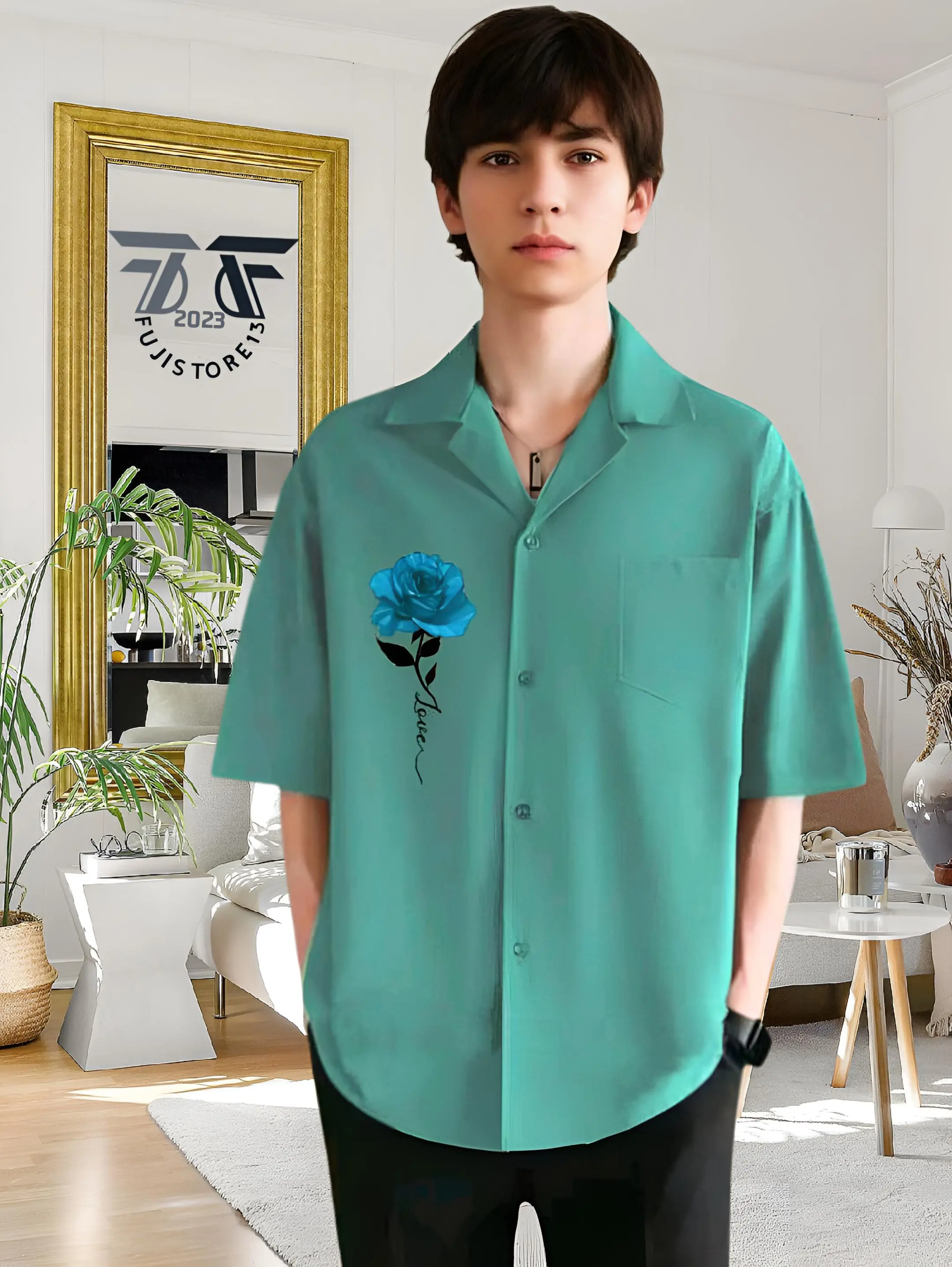 Kemeja Vintage Pria Lengan Pendek Kemeja Polos Pria Motif Blue Rose Korean Style Terbaru Nyaman Keren Santai Simpel
