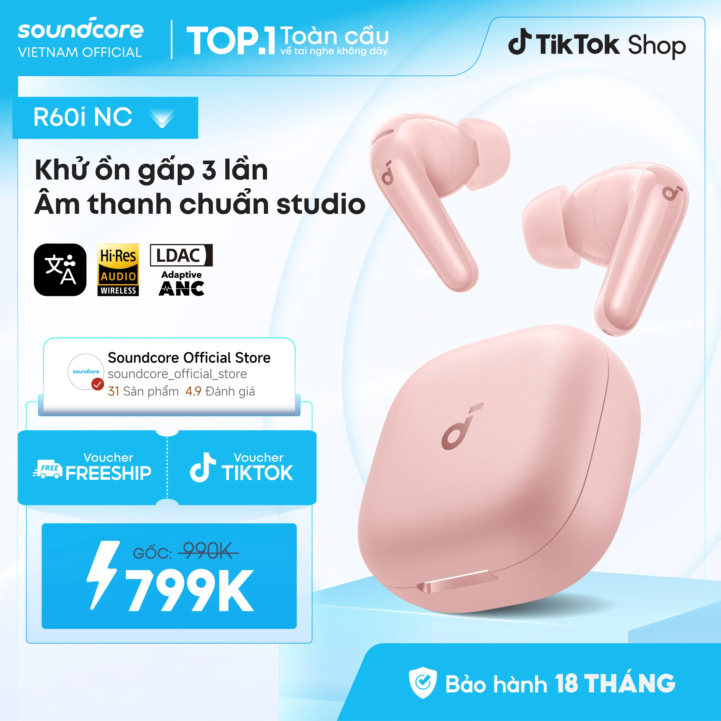 [KOC] Tai nghe bluetooth không dây chống ồn Soundcore R60i NC chống ồn ANC | 6 Mic đàm thoại AI| Dịch thuật| 50 giờ phát nhạc- Tai nghe không dây- Tai nghe bluetooth pin trâu- Bảo hành 18 tháng- Hàng chính hãng