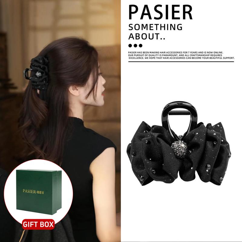 Kẹp Tóc Vải Satin Thanh Lịch PASIER Kích Thước 8 CM Khảm Đá Pha Lê Và Trang Trí Quả Cầu Resin 2 Màu Tùy Chọn Đen Và Cà Phê Phụ Kiện Thời Trang Sang Trọng Thích Hợp Làm Quà Tặng Cho Mẹ Giáo Viên Chị Em Bạn Bè