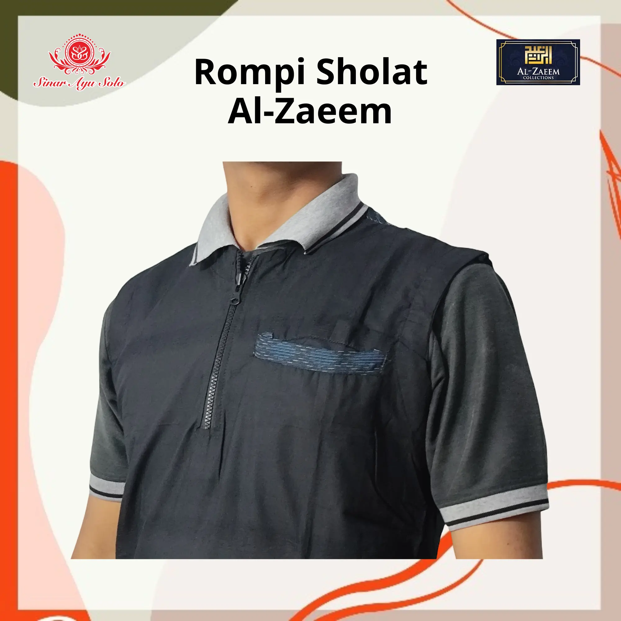 Al-Zeem Rompi Sholat Rosal Kurta Zipper Hitam Bahan Poly Cotton Ringan Nyaman Fashionable Cocok untuk Shalat di Mesjid Pria dengan Kantong dan Desain Simpel