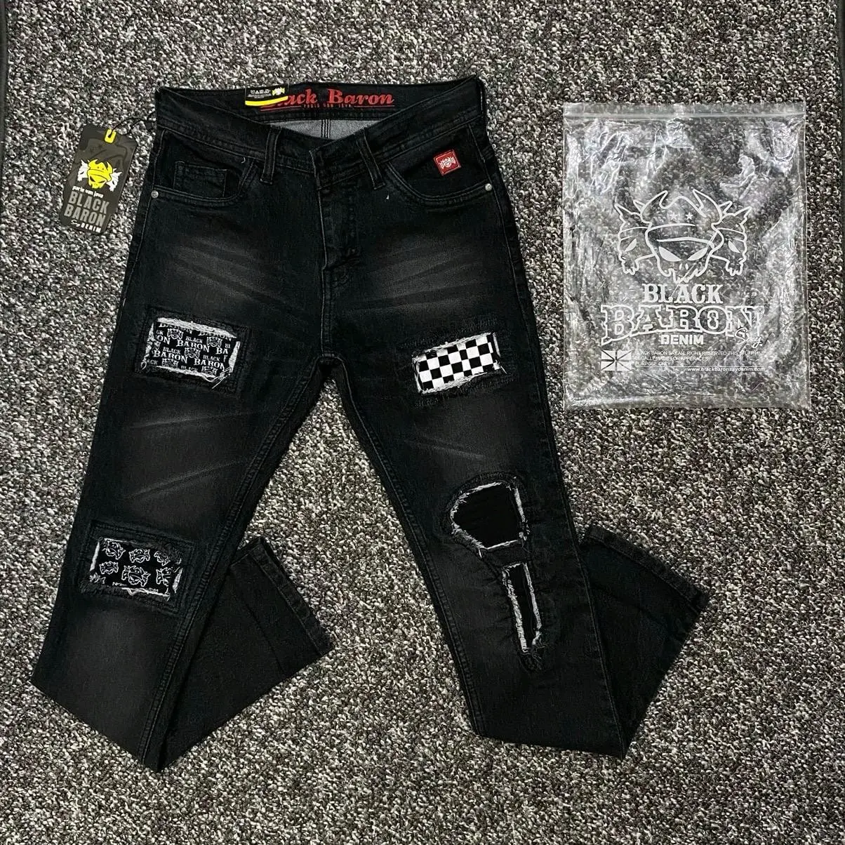 Celana Jeans Panjang Sobek Pria R2 Hitam Black Baron 28-33 Denim  Slimfit  Stretch Distro Cowok Dewasa