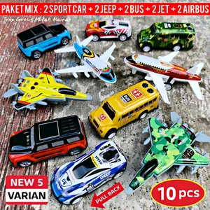 PAKET MIX 10 PCS MOBIL BUS PESAWAT BESI (PULLBACK) MINIATUR MAINAN KENDARAAN ANAK RUBIKON EV CAR BIS JE3P JET TEMPUR AIRBUS JEEP PESAWAT TEMPUR Toy viral RUBICON