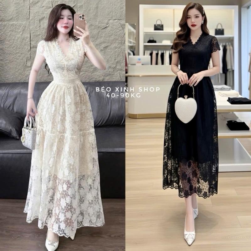 Váy Ren Hoa Dự Tiệc Thiết Kế Cổ V Phối (Vải Ren Hoa Cao Cấp) Thanh Lịch Sang Trọng Cho Các Nàng Bigsize 40–90kg Thời Trang Nữ Béo Xinh Shop - A.1600