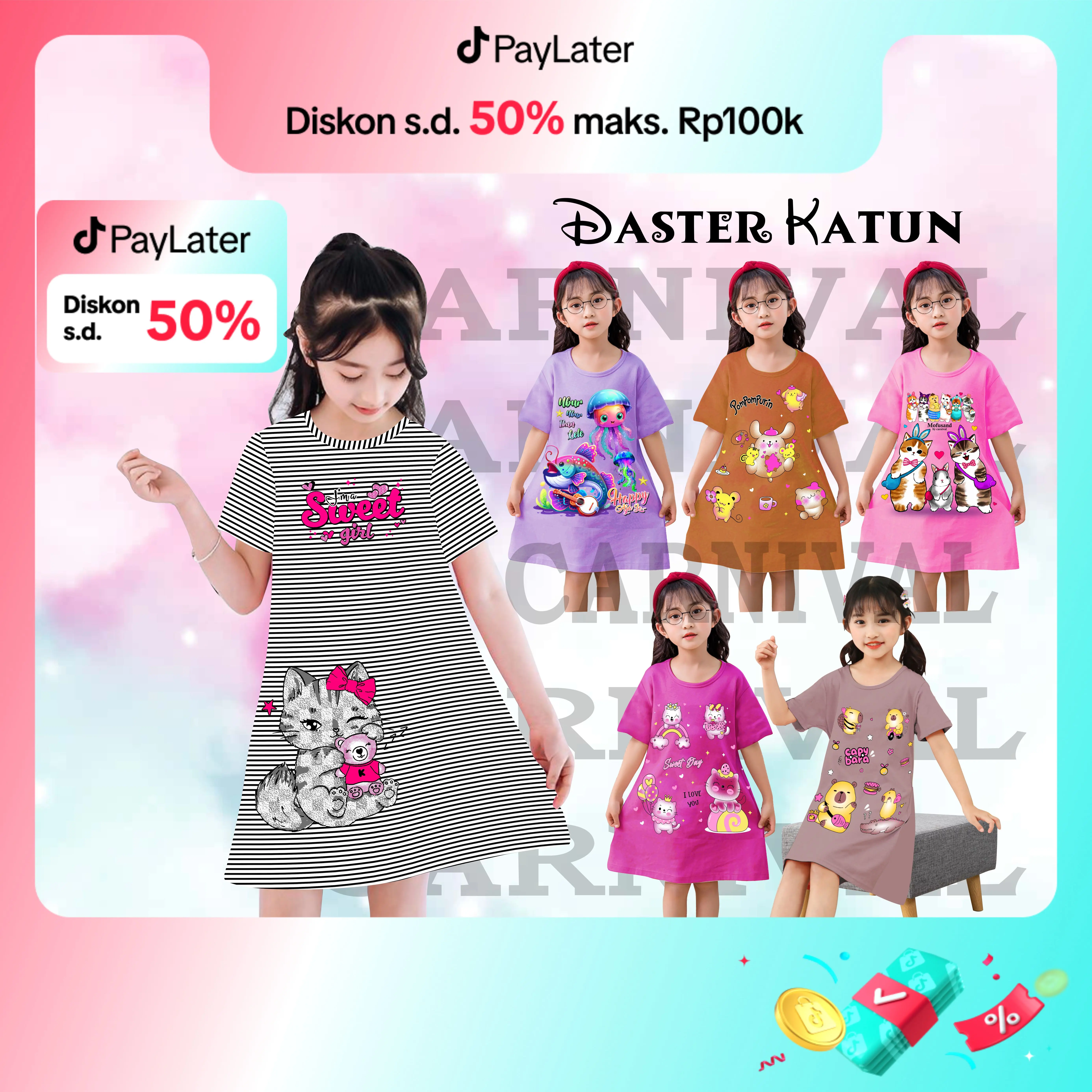 Promo 6 Daster Anak Perempuan/Cewek Usia 6 Bulan - 10 Tahun (Isi 6 Pcs) - Carnival - Fashion Tidur Bayi