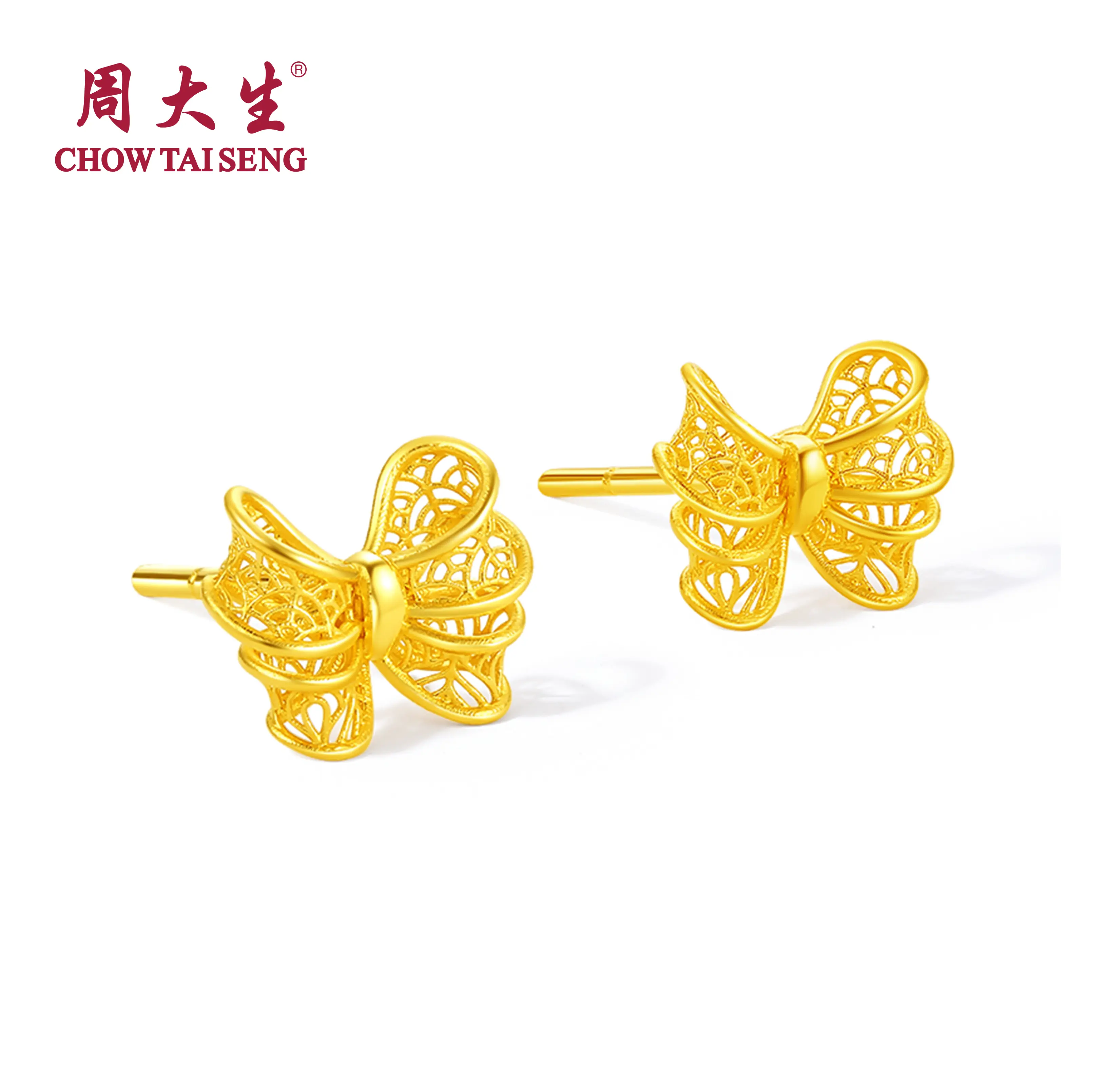 【Pre-order】AU999 24K Pure Gold Hollow Ribbon Bowknot Romantic Earrings