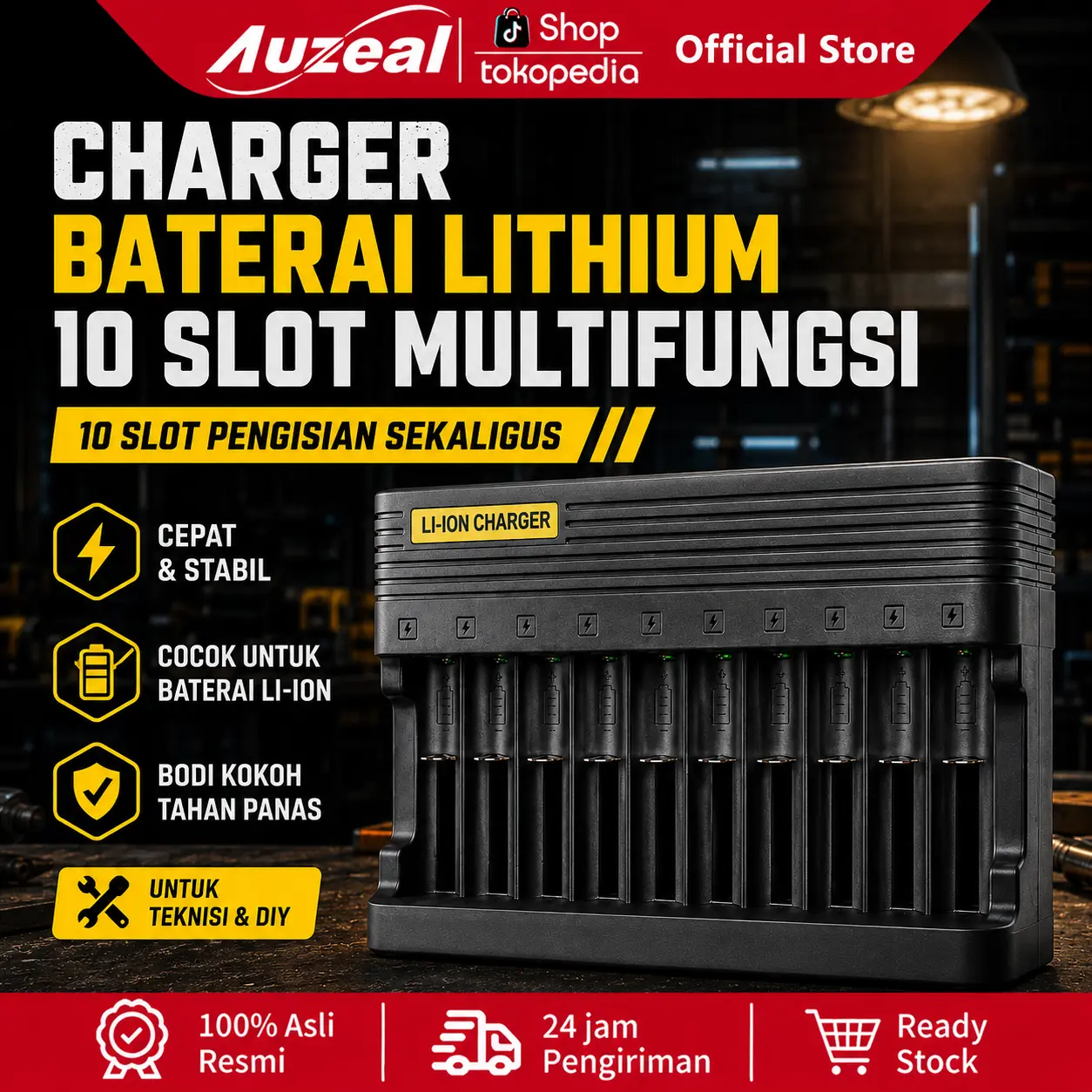 Auzeal Charger Cerdas 10 Slot Independen Fast Charging Baterai Lithium Universal Isi 10 Baterai Sekaligus untuk Senter LED Mainan Powerbank Battery Mic