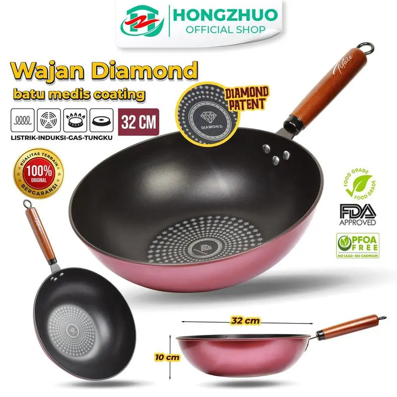 [BELI LOKAL] HONGZHUO (COD) 2PC DIAMOND WOK PAN HANDLE KAYU ANTI LENGKET BELI 1 GRATIS 1 TERMURAH PROMO IDUL ADHA marbel panci Penggorengan Wajan