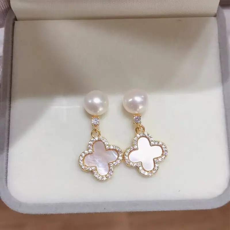 Natural sea shell style four-leaf clover pearl silver gold stud earrings e0014