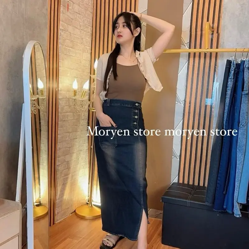 (EXCLUSIVE CI FEBY X MORYEN) rebecca rok jeans panjang rok jeans kancing belah depan rebeca rok skrit jeans span kamila rok jeans wanita berhijab 8