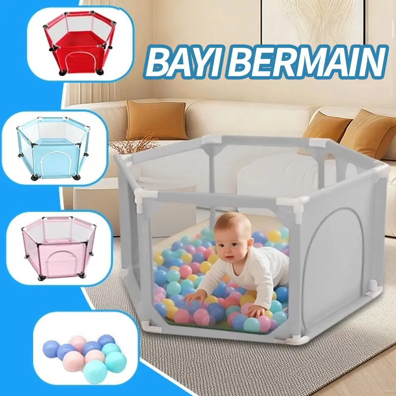 Kolam Mandi Bola Anak Playpen Hexagon Pagar Stainlessteel Pembatas Bayi Pengaman