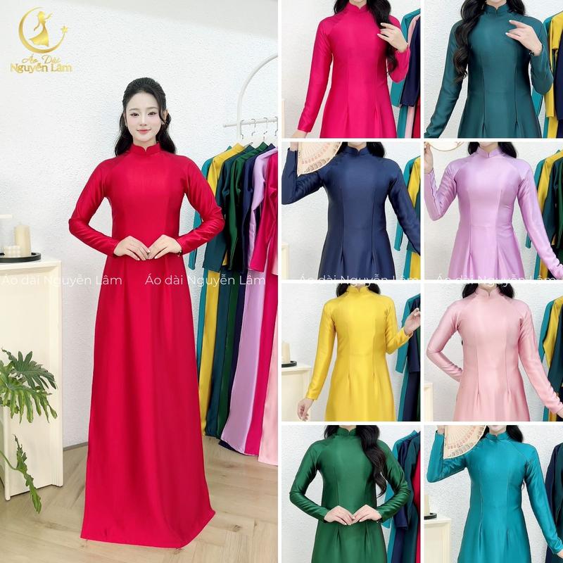   Tặng vòng ngọc  BỘ ÁO DÀI RUBY TRƠN - Lụa Cao Cấp Cổ Cao Tay Dài Sang Trọng Nguyễn Lâm  Dày Dặn Bóng  Nữ Women 