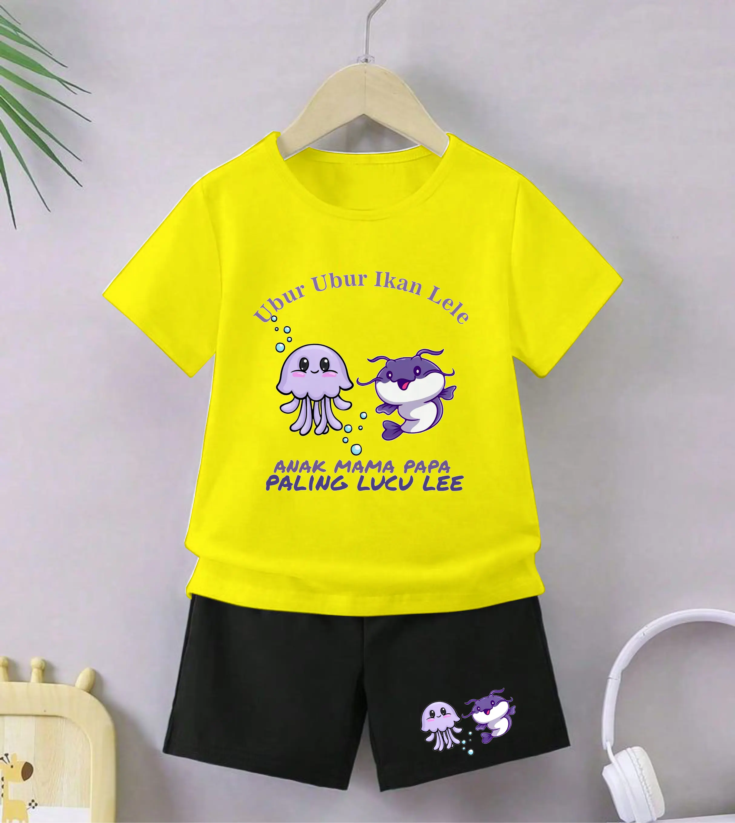 Luwi Kids Setelan Anak Celana Hitam Cewek Cowok Gambar Ubur Ubur Ikan Lele Lucu Celana Fashion set Baju