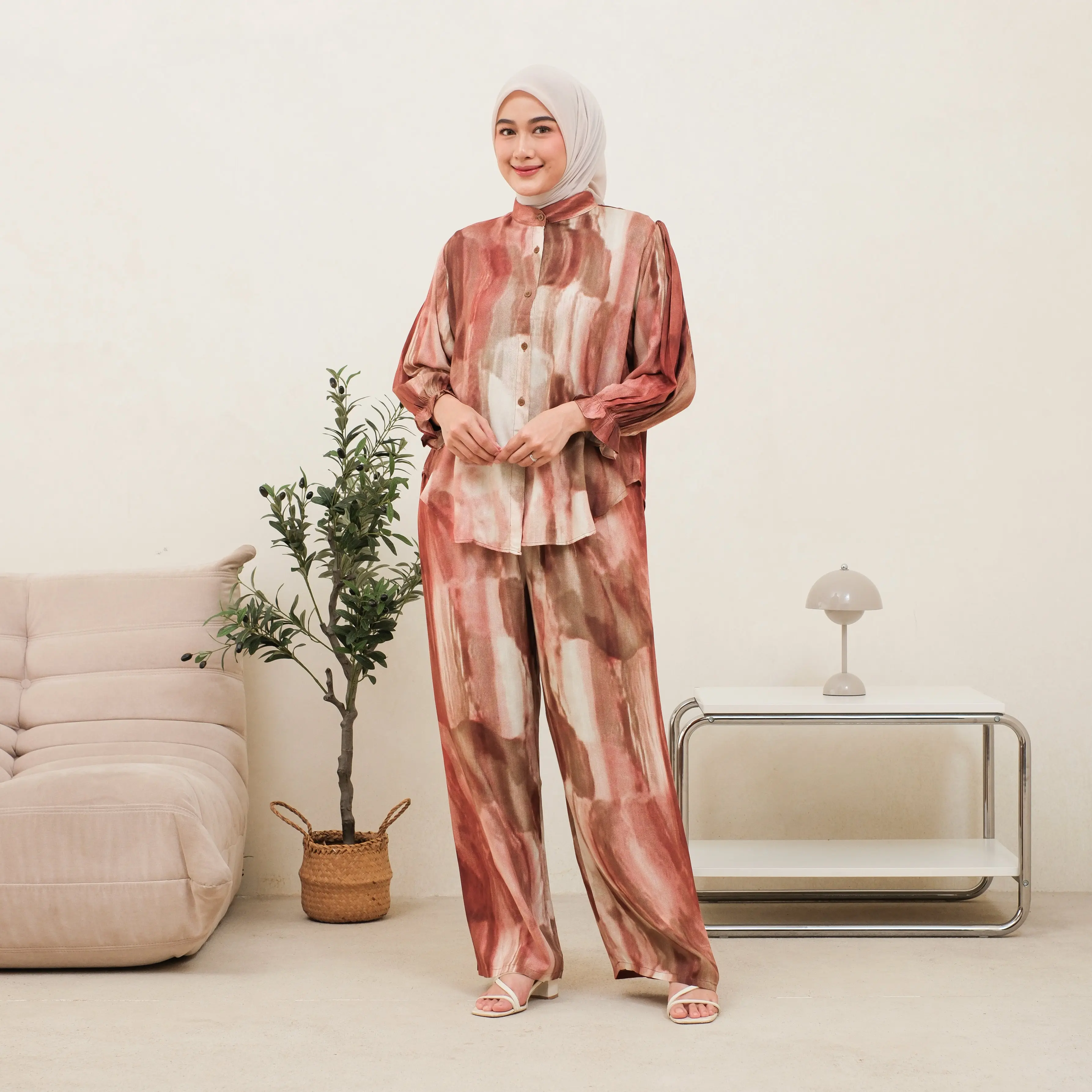 Maura One Set Rayon Motif Premium Busui  Setelan Atasan Blouse Tangan Karet dan Bawahan Kulot Panjang Wanita Terbaru Kekinian Adem Nyaman