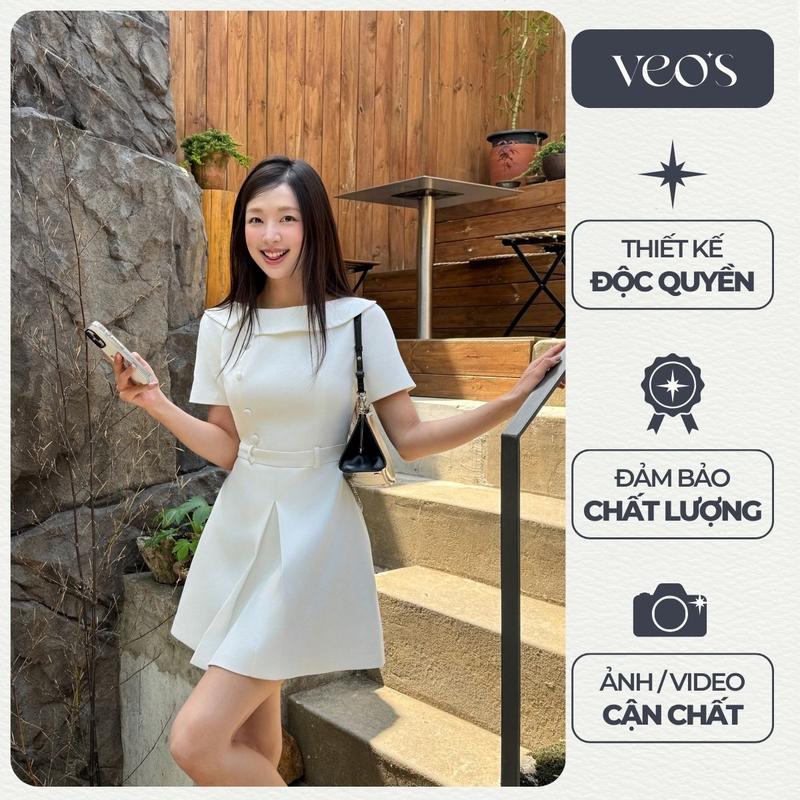 [VEO'S] MAY DRESS - Váy Liền Thân Chất Chèo Hàn Có Đai Eo Thiết Kế Ngắn Tay Cổ Thuyền Màu Trắng Đi Chơi, Đi Làm, Đi Học Veo's