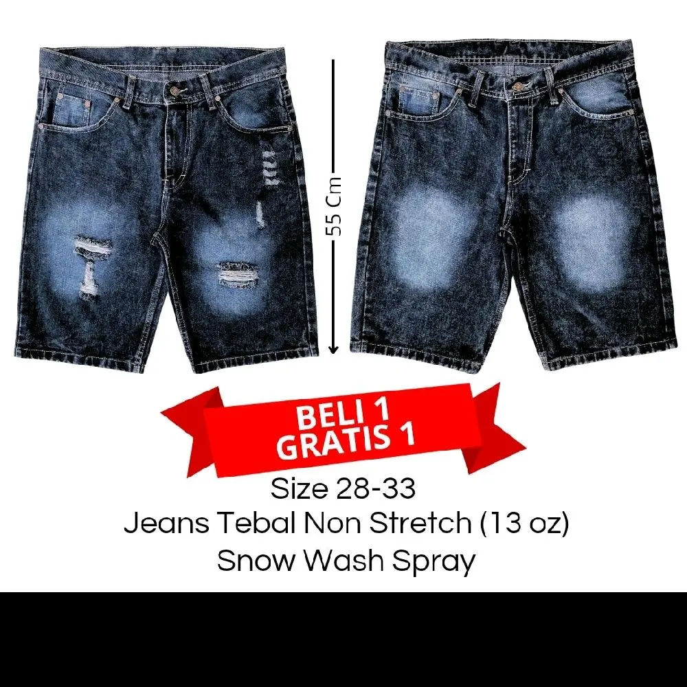 Celana Pendek Jeans Mayqlo Snow Wash Hitam Biru Standar Denim Tebal 13 Oz untuk Pria Dewasa - Ukuran 28-33 - Fit