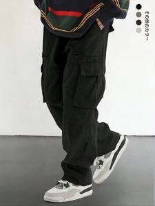 メンズ無地のドローストリングウエストカーゴパンツ、ルーズストリートファッションジッパーマルチポケットパンツ、メンズ用パンツ、メンズウェアの夏の作業服、メンズボトムス