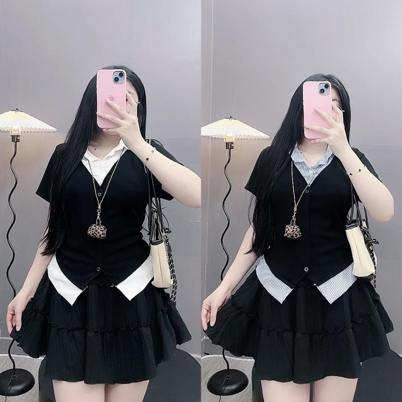 Set Bộ Bigsize CÓ LẺ ÁO VÁY Áo Kiểu Sơ Mi Cổ Đức Thiết Kế Phối Ghile Vải Mát Dễ Thương Phối Chân Váy Xoè Nữ Tính Cho Chuppy 50-95Kg SM185 CV409