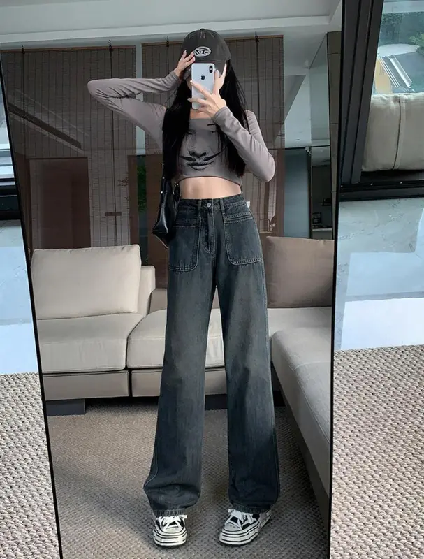 HAZO JEANS-Cargo Jeans Khaki baru versi Highwaist Loose Celana Jeans Wanita Korea Muda Panjang Retro Straight 0