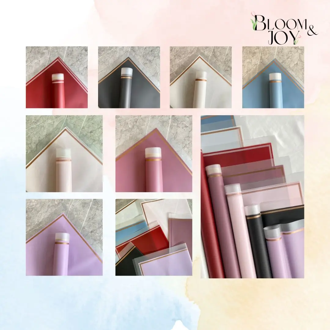 HIGH QUALITY FRAME GOLD LINE TRANSPARANT FLOWER WRAPPING PAPER WATERPROOF KERTAS BUKET IMPORT