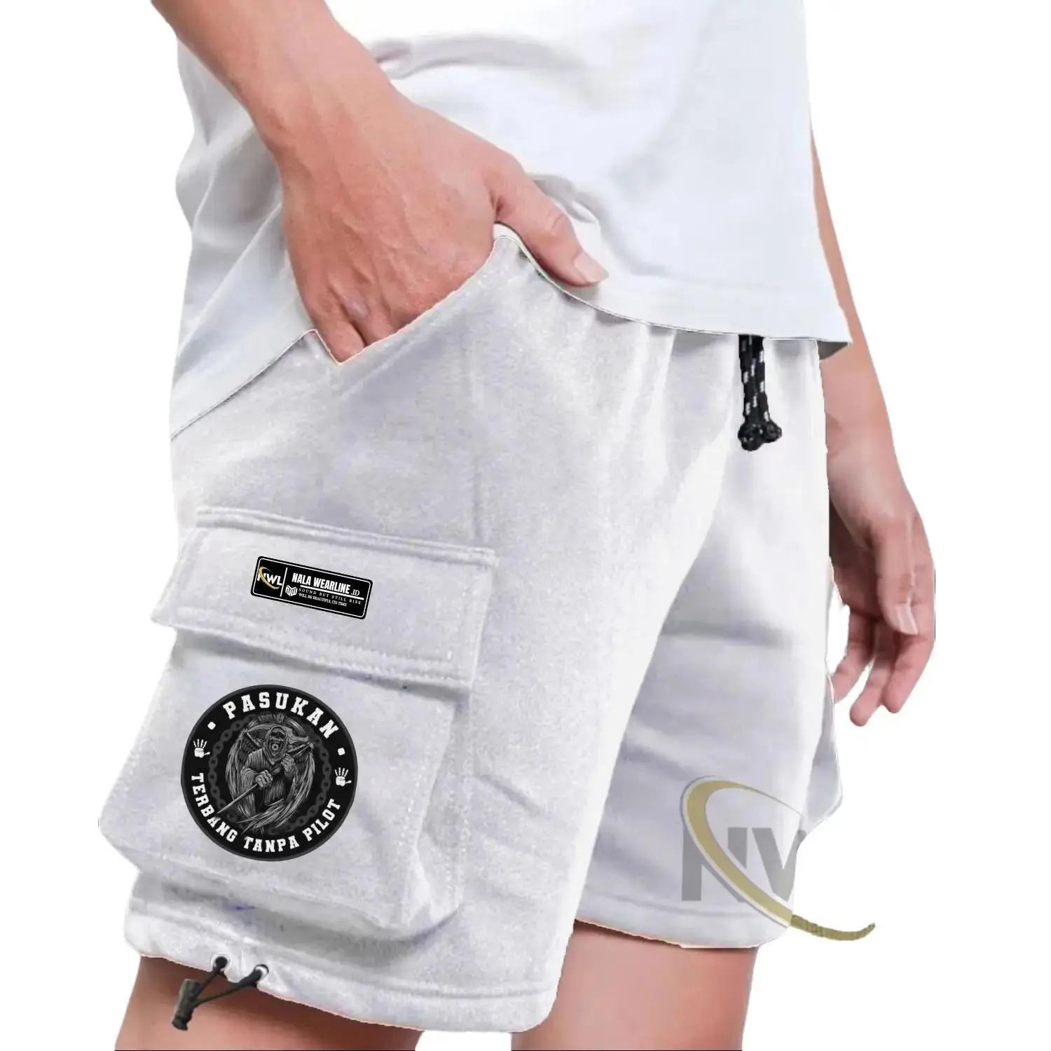 Celana Cargo Pendek Warna Putih Motif Pasukan Terbang Pria Dan Wanita Bahan Katun Flecce Lembut Dan Tebal Ukuran M-L-XL-XXL- Shorts Pants NALA WEARLINE.ID