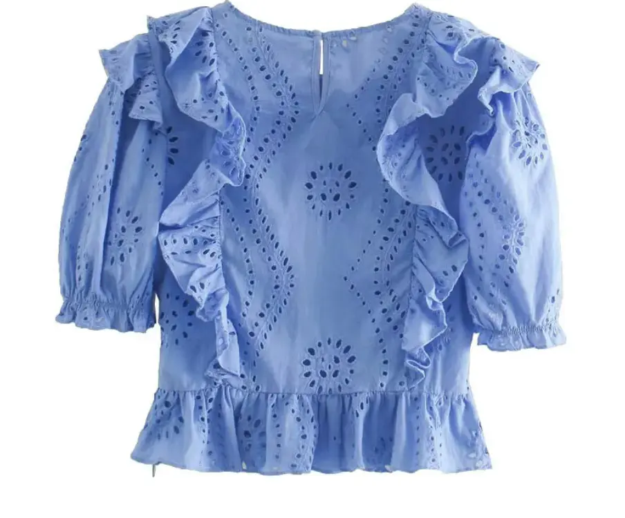 GYURI BLOUSE CUTWORK CROPPED BLOUSE VINTAGE UPSIZE SIDE ZIPPER RUFFLES KOREAN TOP