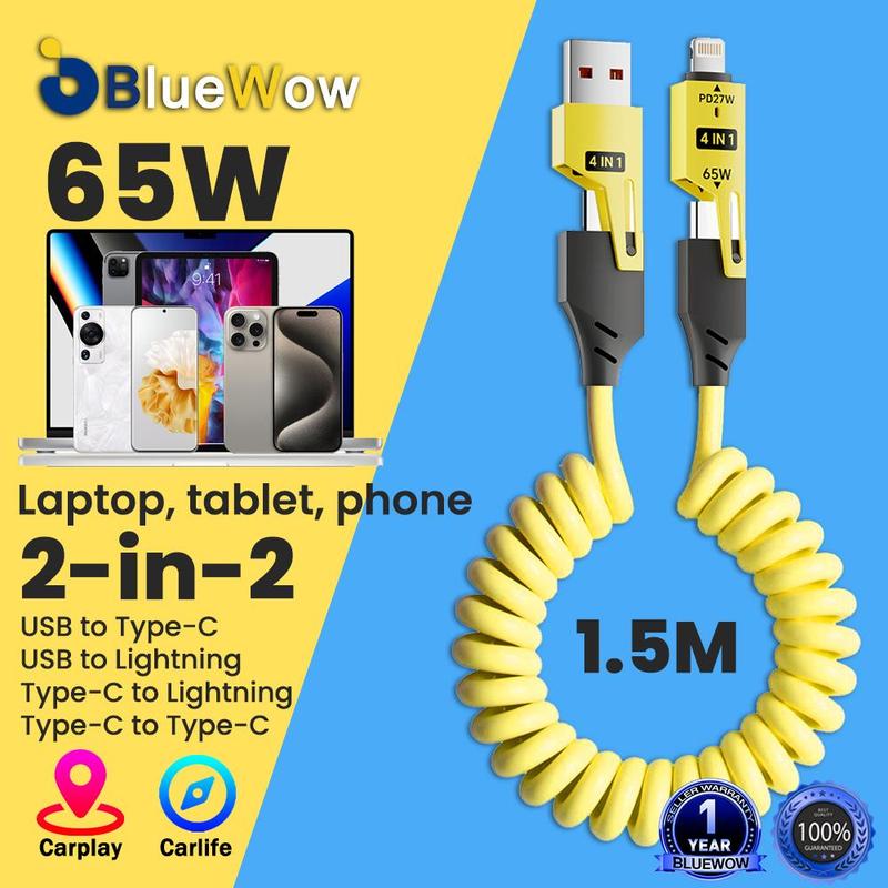 BlueWow Cáp sạc lò xo đa năng 4 in 1 - Hỗ trợ sạc nhanh PD 27/65W - Thay đổi chiều dài tùy ý - Co dãn dễ dàng - Phù hợp dùng trên ô tô