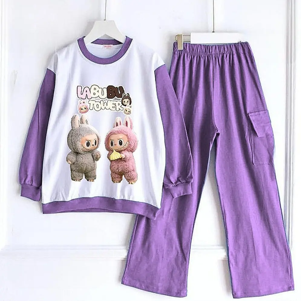 Stelan Anak Perempuan Celana Cargo Baju Model Sweeter Motif Labubu Lucu Bahan Crinkle Airflow Premium - Fashion Pakaian Set Setelan