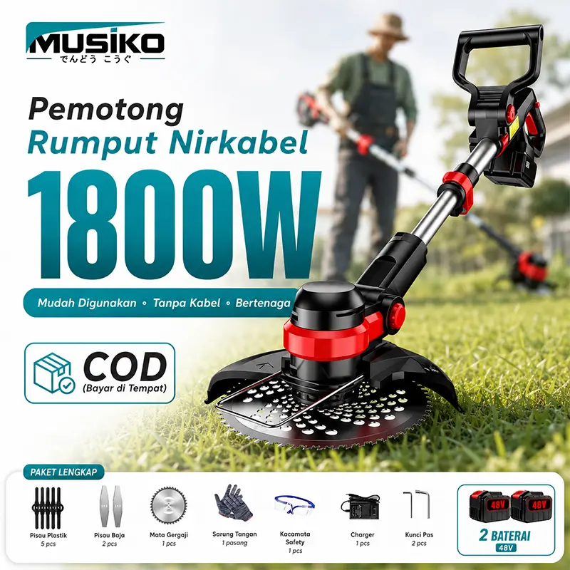 Mesin Rumput 1800W Baterai Ganda, Mesin Potong Rumput Listrik Tahan Lama untuk Kebun & Ladang