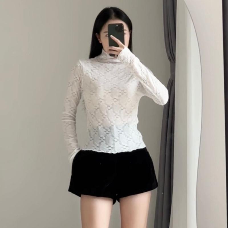 Áo Ren Lưới Cổ Cao Họa Tiết MILASU Áo Nữ Dài Tay Ôm Body Mềm Mại 348