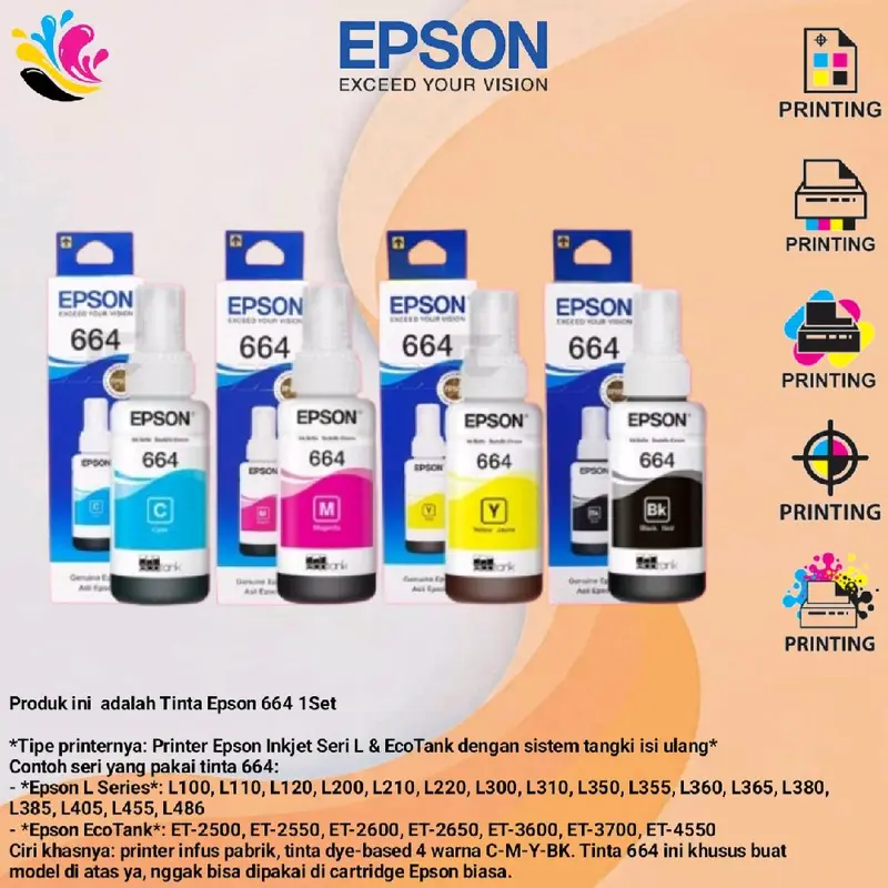 Tinta EPSON 664 Original C M Y K For Printer L100 L110 L200 L210 L300 ...