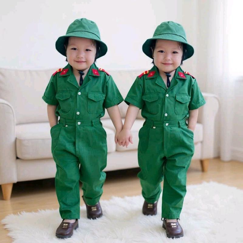  Bộ Quần Áo Đóng Vai Chú Bộ Đội Cho Bé Mầm Non Size 9-36kg Chất Vải Kaki Mềm Thoáng Mát Kèm Nón Bèo 