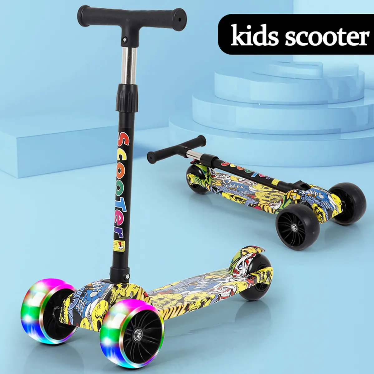 Kids Scooters Skuter Foldable Adjustable Height Cartoon Flash Wheel With LED Gift Outdoor Toys