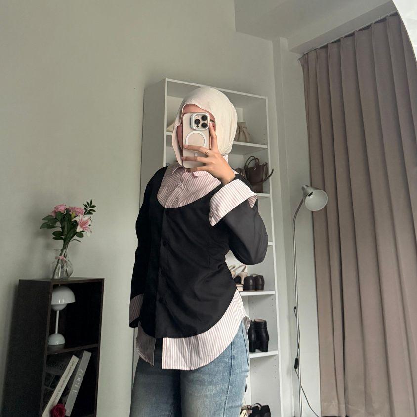 Zalika Girls_ Kemeja Wispi Yereuu Shirt Kemeja Blouse Wanita kombinasi Layer Stripe 2in1