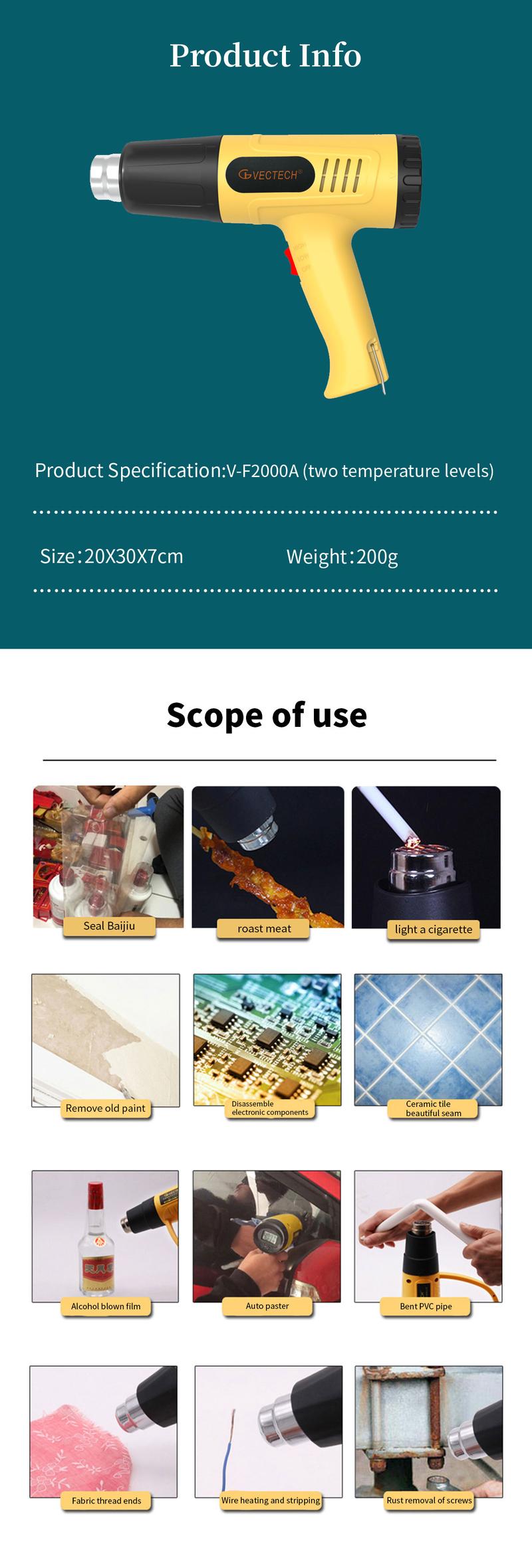 Product Introduction of VECTECH two-speed thermostat industrial hot air tool car film tool baking instrument 4
