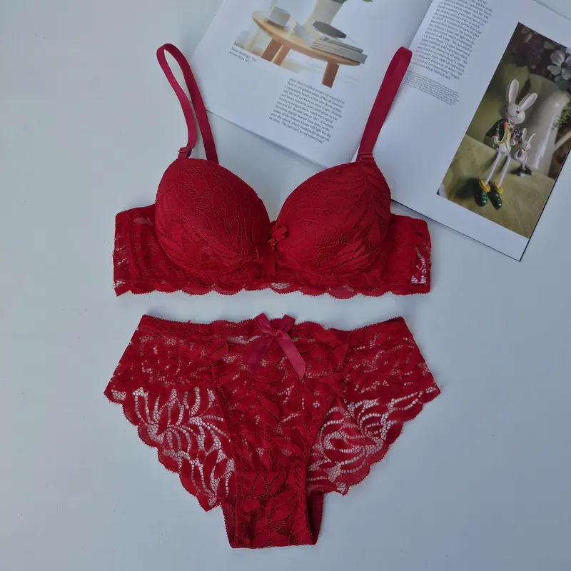 Set Bh  Celana Dalam Wanita Busa Tebal Kawat Cup Kecil Setelan Bra Motif Renda 4