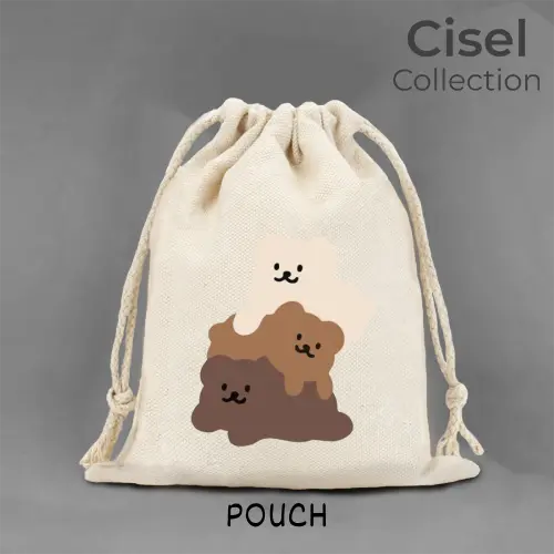Pouch Serut Organizer Kanvas TEBAL Bear Beruang Lucu Imut Aesthetic Ukuran 15x20 Kecil 25x30 Besar