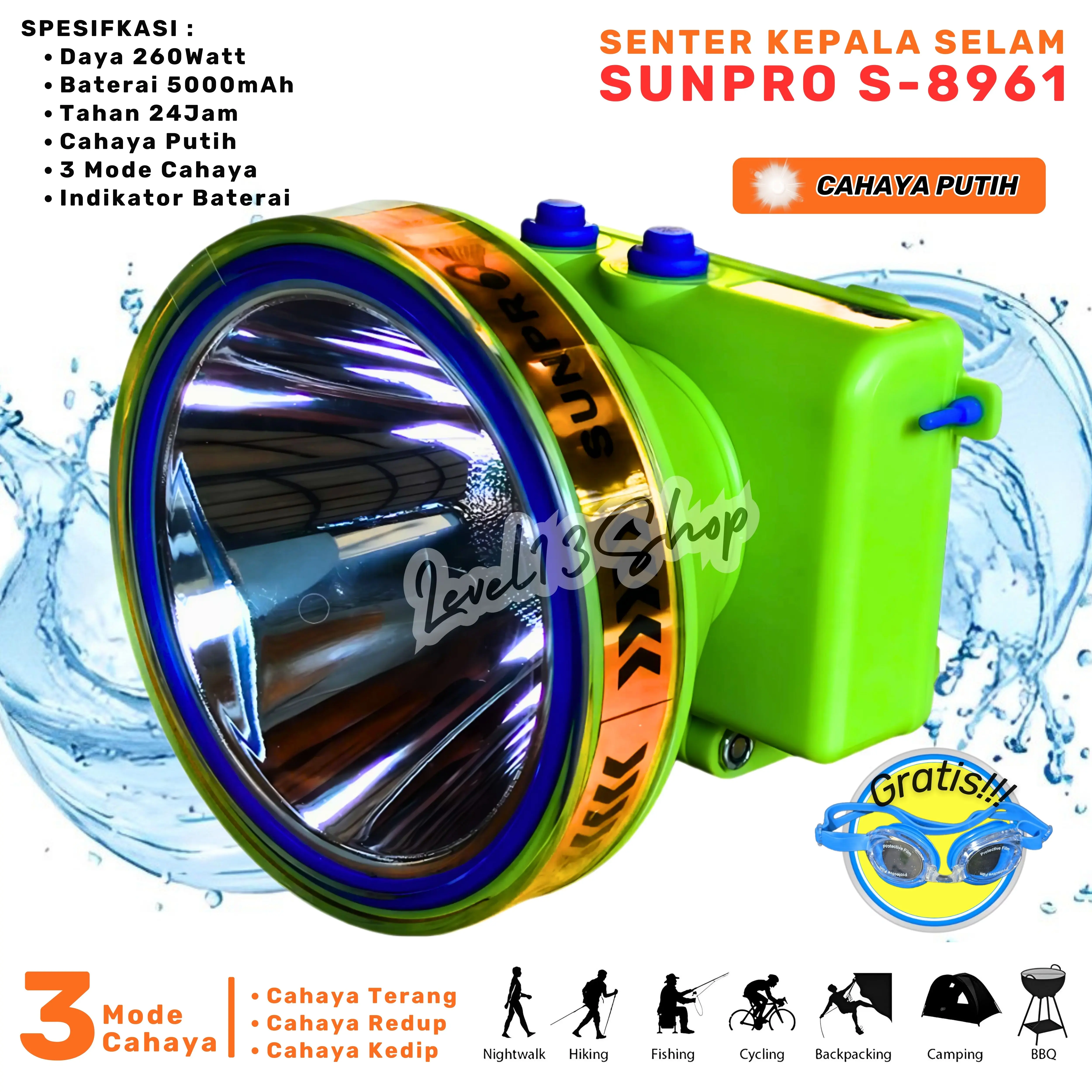 Senter Kepala Selam 260W Sunpro S-8961 | Headlamp Diving Cahaya Putih Dan Kuning Super Terang Outdoor Headlight Tahan Hingga 24 Jam