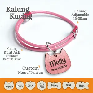 Kalung Kucing Kulit Asli Bulat Custom Nama Liontin Lonceng Tag Kulit hitam