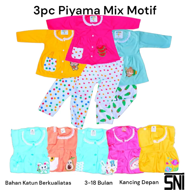 3pc Piyama Bayi Setelan Panjang 3 - 18 bulan Murah Berkualitas Motif lucu Bunda Lengan 0