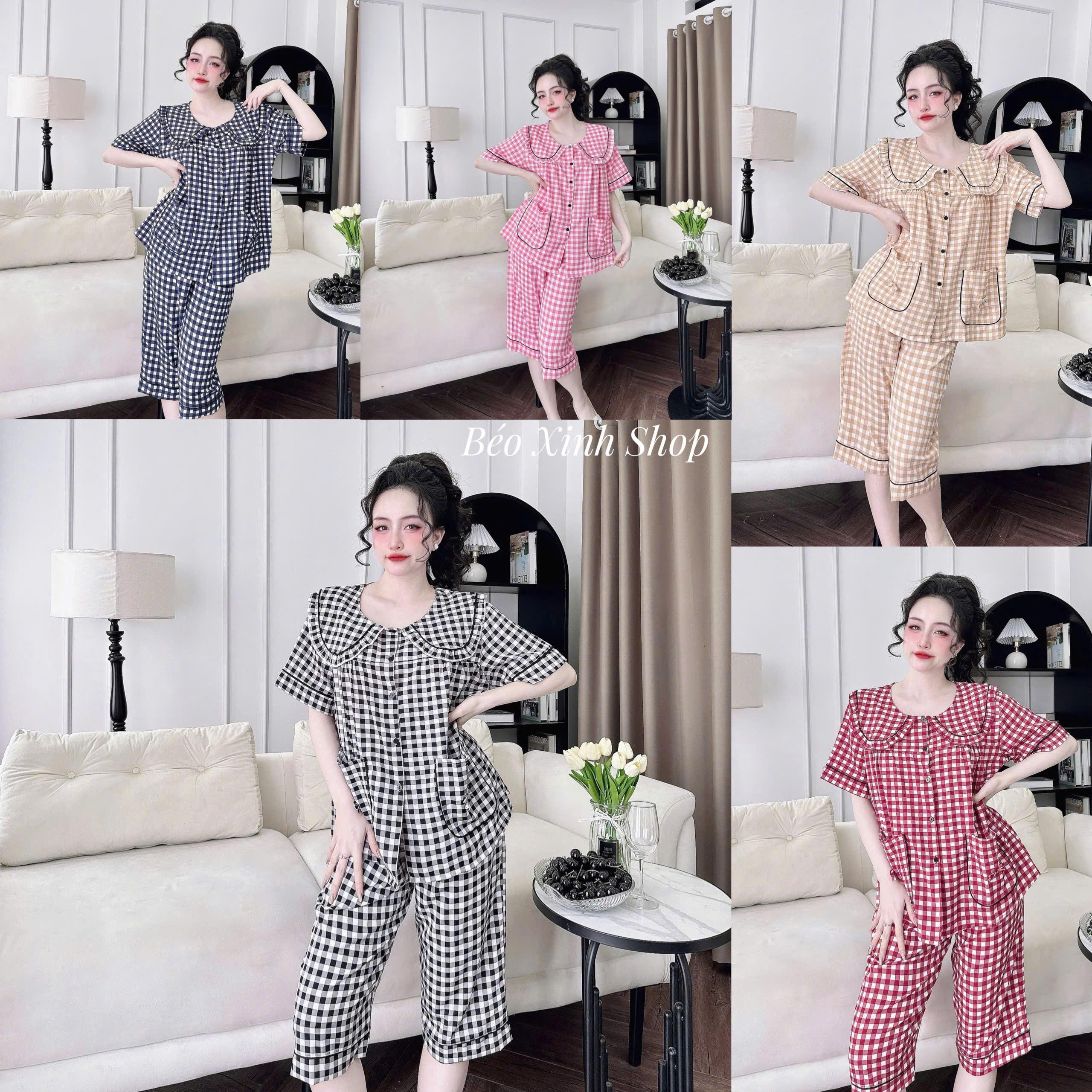 Đồ Bộ - Đồ Ngủ Lửng Pijama Bigsize 50-100kg Vải Lửng Lụa Nhật Xốp Caro Mềm Mịn Mát Nữ Women Quần Ngủ Áo Ngủ - A.5211