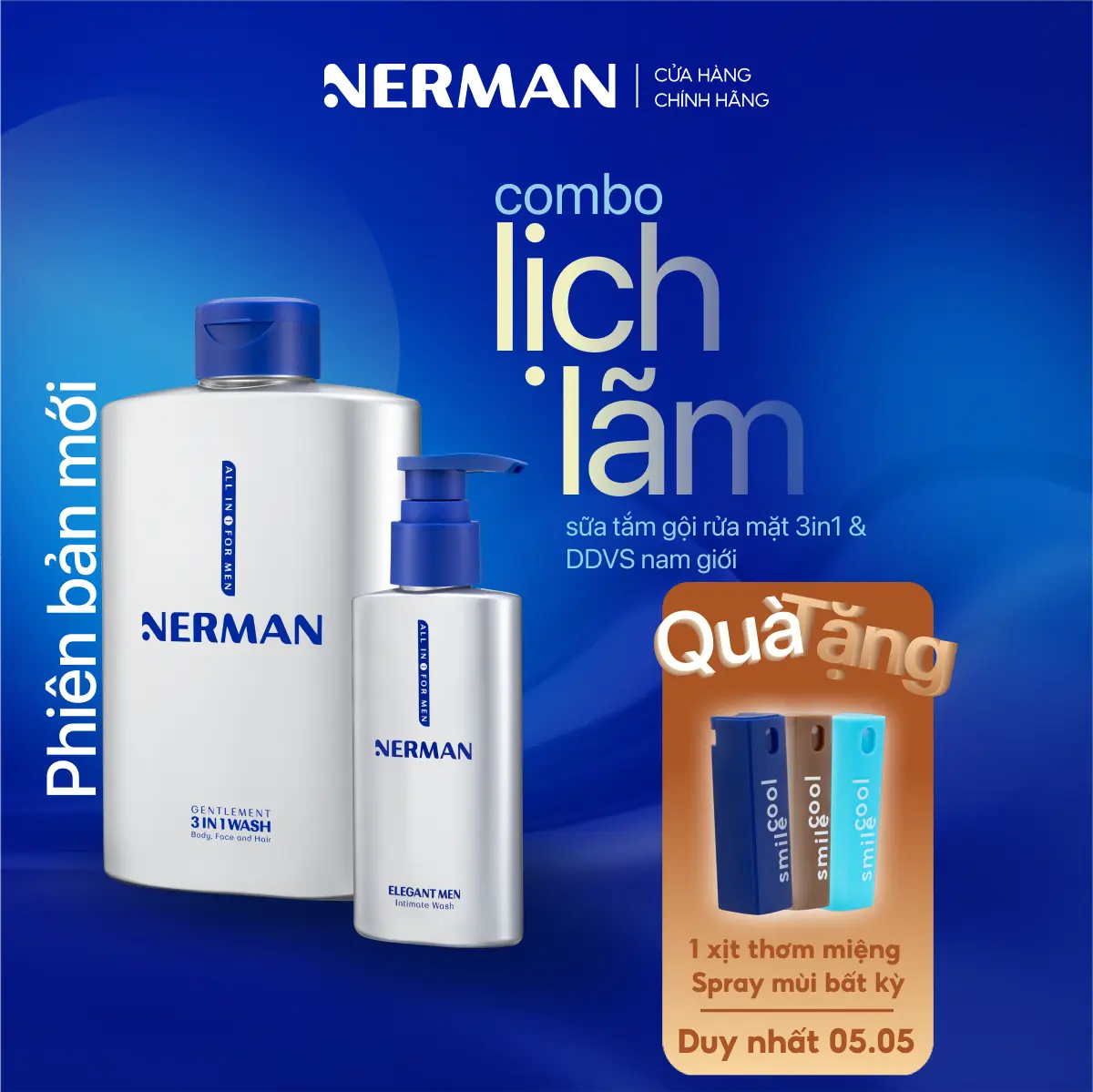 [Mua 1 tặng 1] Combo lịch lãm Nerman - Sữa tắm gội rửa mặt cho nam 350ml & Dung dịch vệ sinh nam giới 100ml [tặng 1 xịt thơm miệng Spray vị bất kỳ]