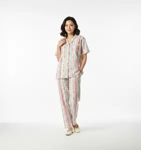Hana stripe Piyama baju Tidur Wanita Lengan Pendek celana panjang Motif salur Lembut dan Nyaman
