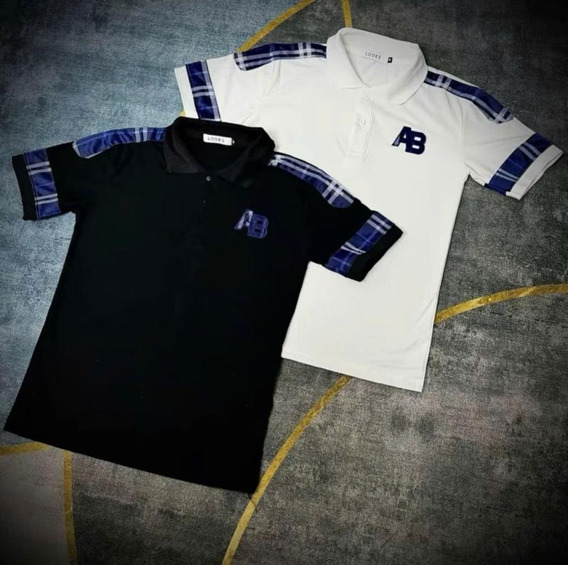 Áo thun nam cổ trụ trắng Đen phối họa tiết thêu chữ nổi vải dày dặn co dãn nhẹ thoáng mát Menswear Top