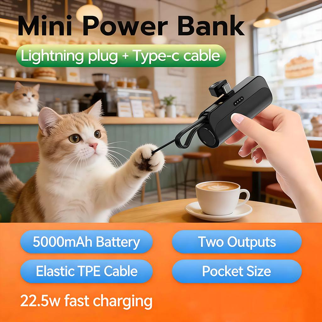 YIBAO LENTIVEN Powerbank 5000 mAh Mini Fast Charging With Port and Cable Type C Lightning KC88