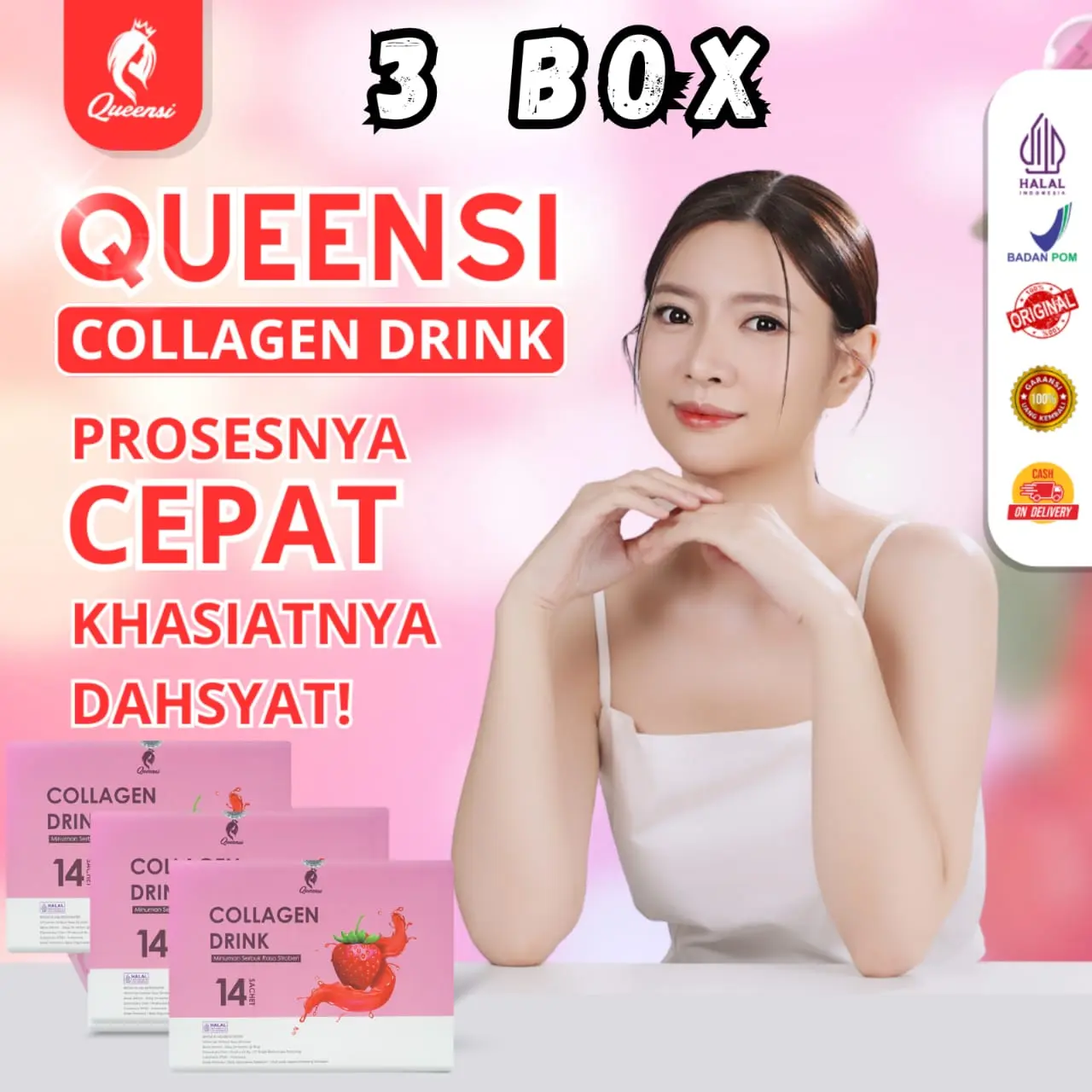 Queensi Collagen Original 3 Box 42 Sachet - Suplemen Kecantikan Kulit minuman  pemutih collagen